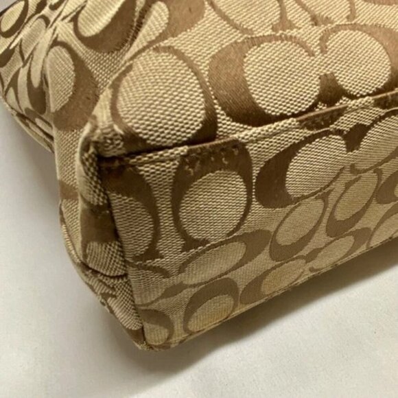 Coach Signature Stripe Shoulder Bag F28504 Patent Leather Trim Tan Raspberry GUC - Picture 7 of 16